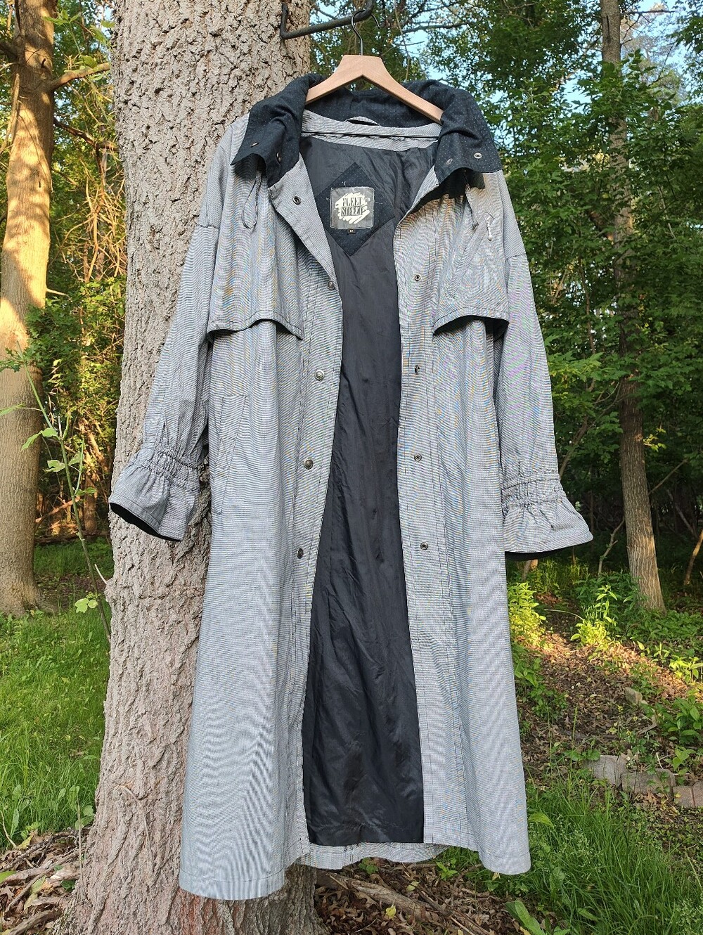 Fleet Street Houndstooth Dot Gray Snap Trench Coat Sz 10 Long Oversized Cotton